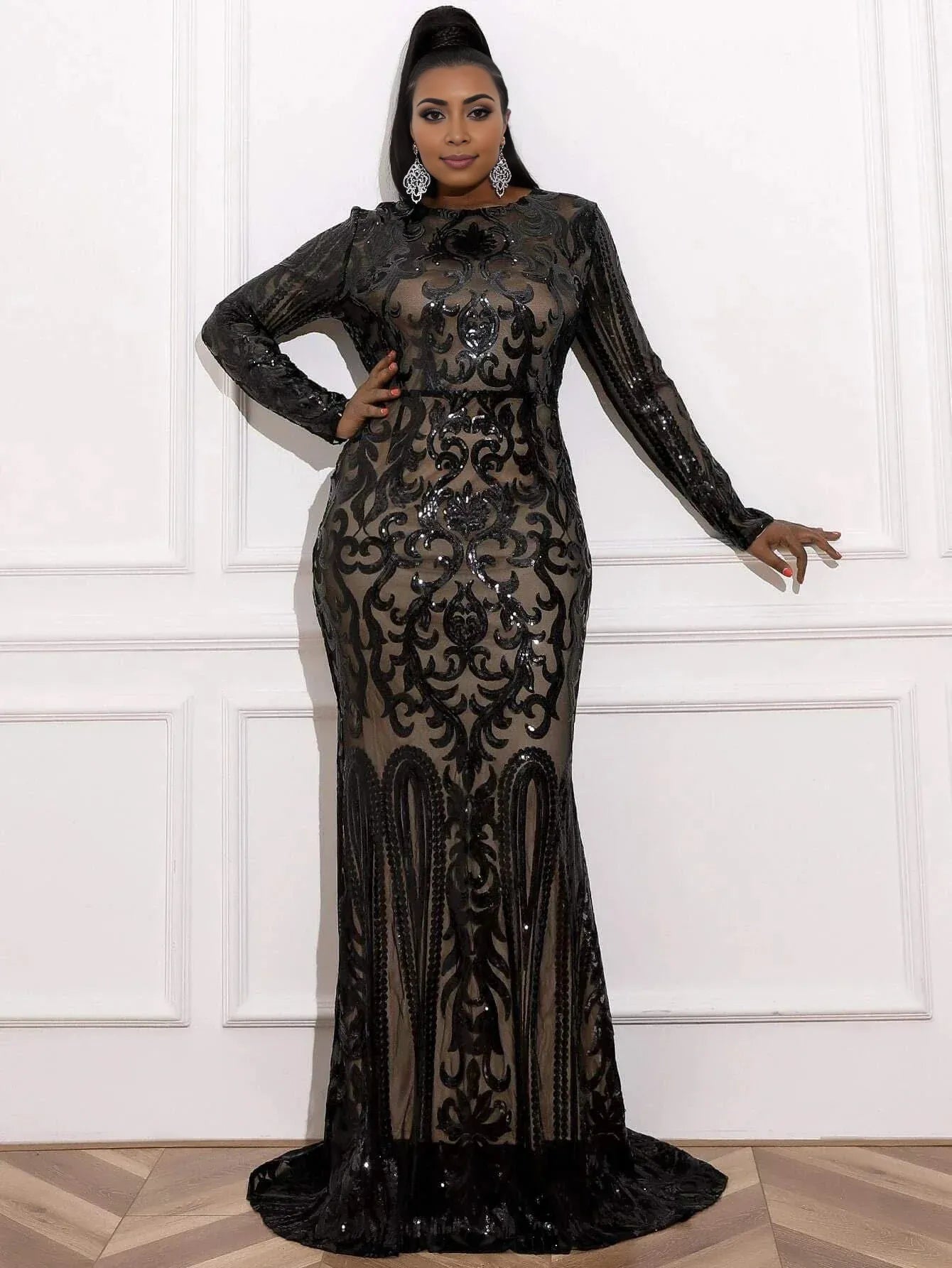 Modern Mermaid High Neck Long Sleeve Zipper Up Sweep/Brush Train Plus Size Prom Dress